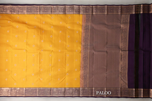 Bright Yellow with Deep Plum Borders Soft Silk Saree paloo