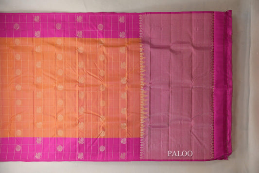 Peach with pink border Light Weight Kanjivaram Silk Saree by Shreenivas Silks paloo