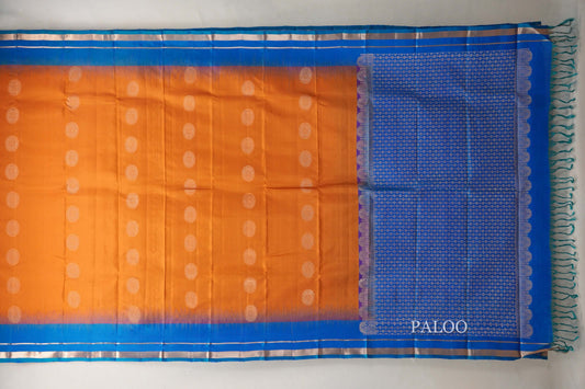 Burnt Orange with Peacock Blue Borders Light Weight Kanjivaram Silk Saree paloo
