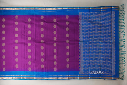 Deep Magenta with Peacock Blue Borders Light Weight Kanjivaram Silk Saree paloo