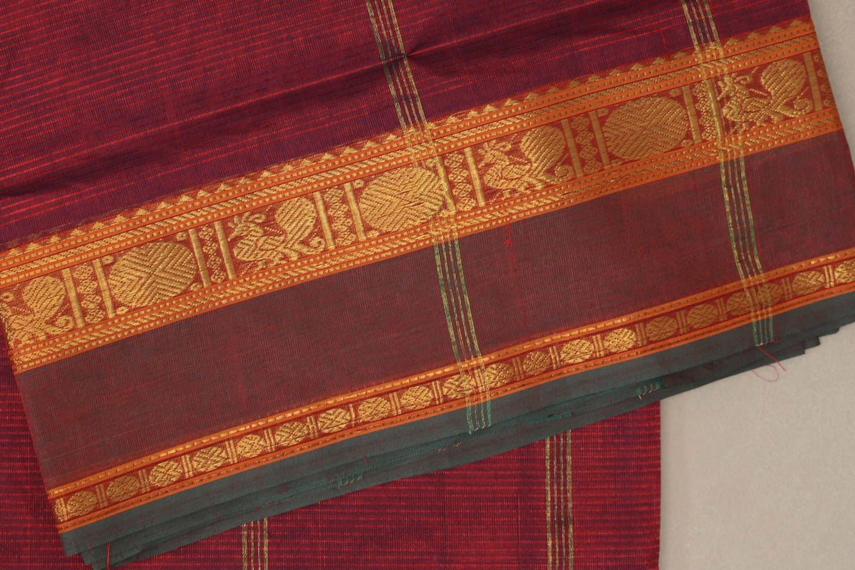 Dual Tone of Red & Blue Grey Vegan Silk Cotton Saree border