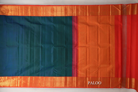 Peacock Blue with Orangish Red Borders Vintage Kanjivaram Silk Saree paloo