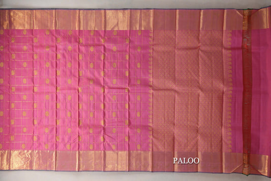Onion Pink with Zari Checks Vintage Kanjivaram Silk Saree paloo