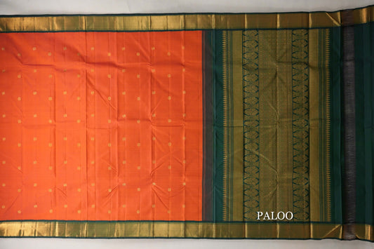 Bright Orange with Bottle Green Borders Vintage Kanjivaram Silk Saree paloo