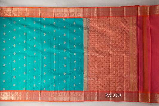 Rama Green with Dual Tone of Orange and Pink Borders Soft Silk Saree paloo
