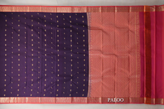 Deep Purple with Dual Tone of Orange and Pink Borders Soft Silk Saree paloo