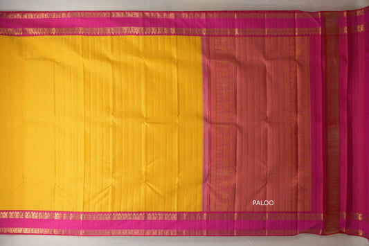 Yellow with Reddish pink border Vintage Kanjivaram Silk Saree paloo