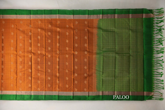 Burnt Orange with Leaf Green Borders Light Weight Kanjivaram Silk Saree paloo