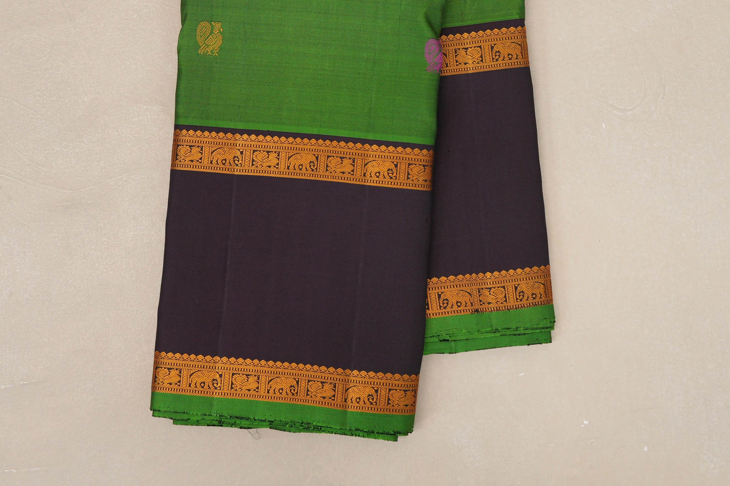 Bright Leaf Green with Deep Plum Borders Vintage Thread Woven Kanjivaram Silk Saree SS8910