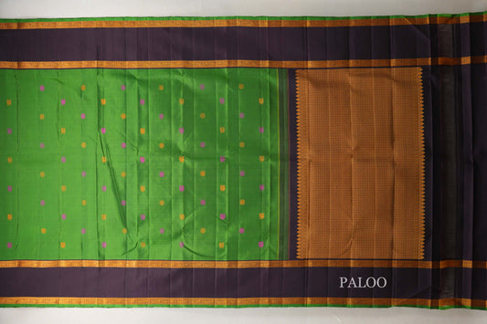 Bright Leaf Green with Deep Plum Borders Vintage Thread Woven Kanjivaram Silk Saree SS8910