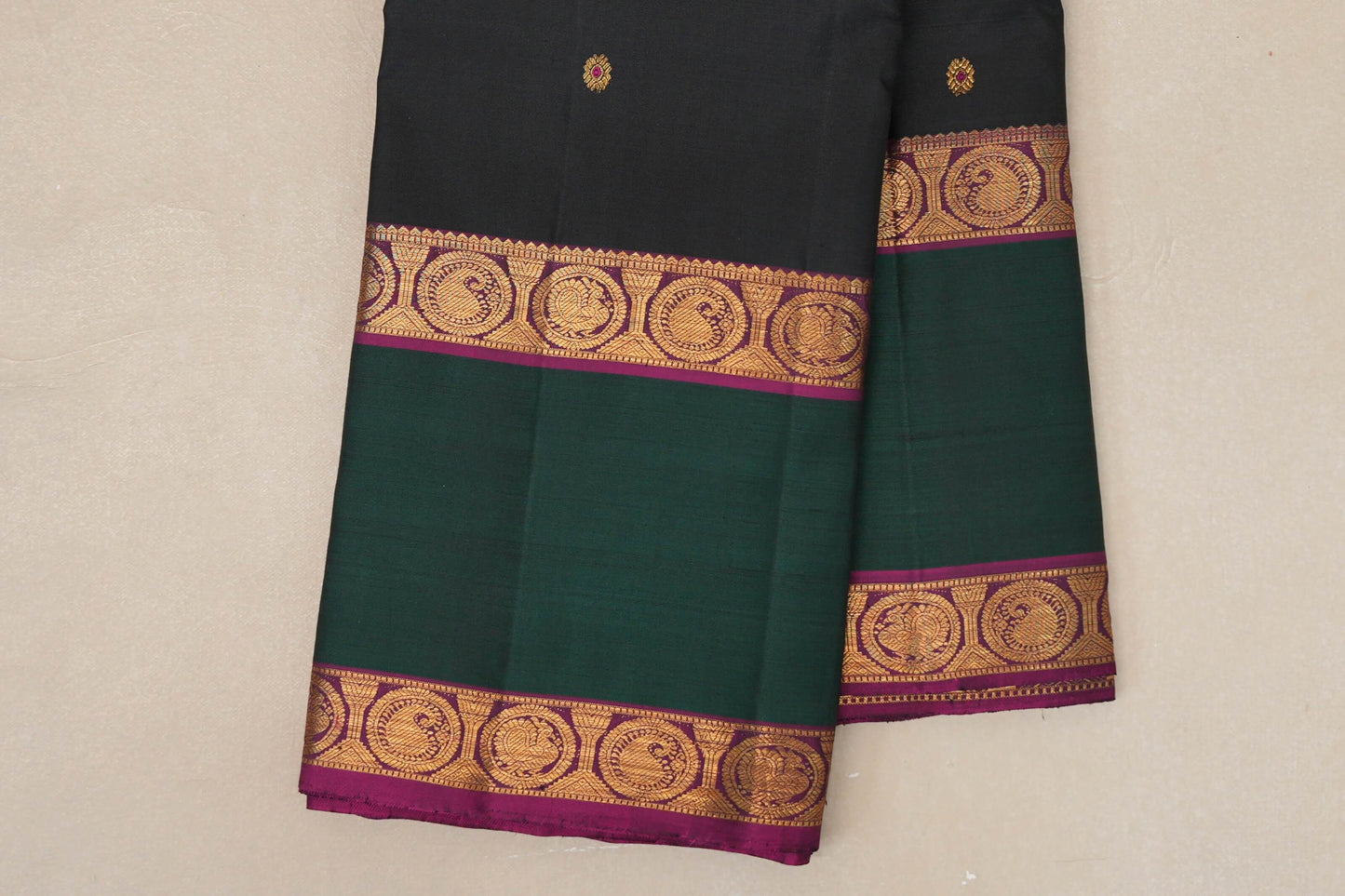 Black with Dark Forest Green Borders and Magenta Selvedge Vintage Kanjivaram Silk Saree SS8914