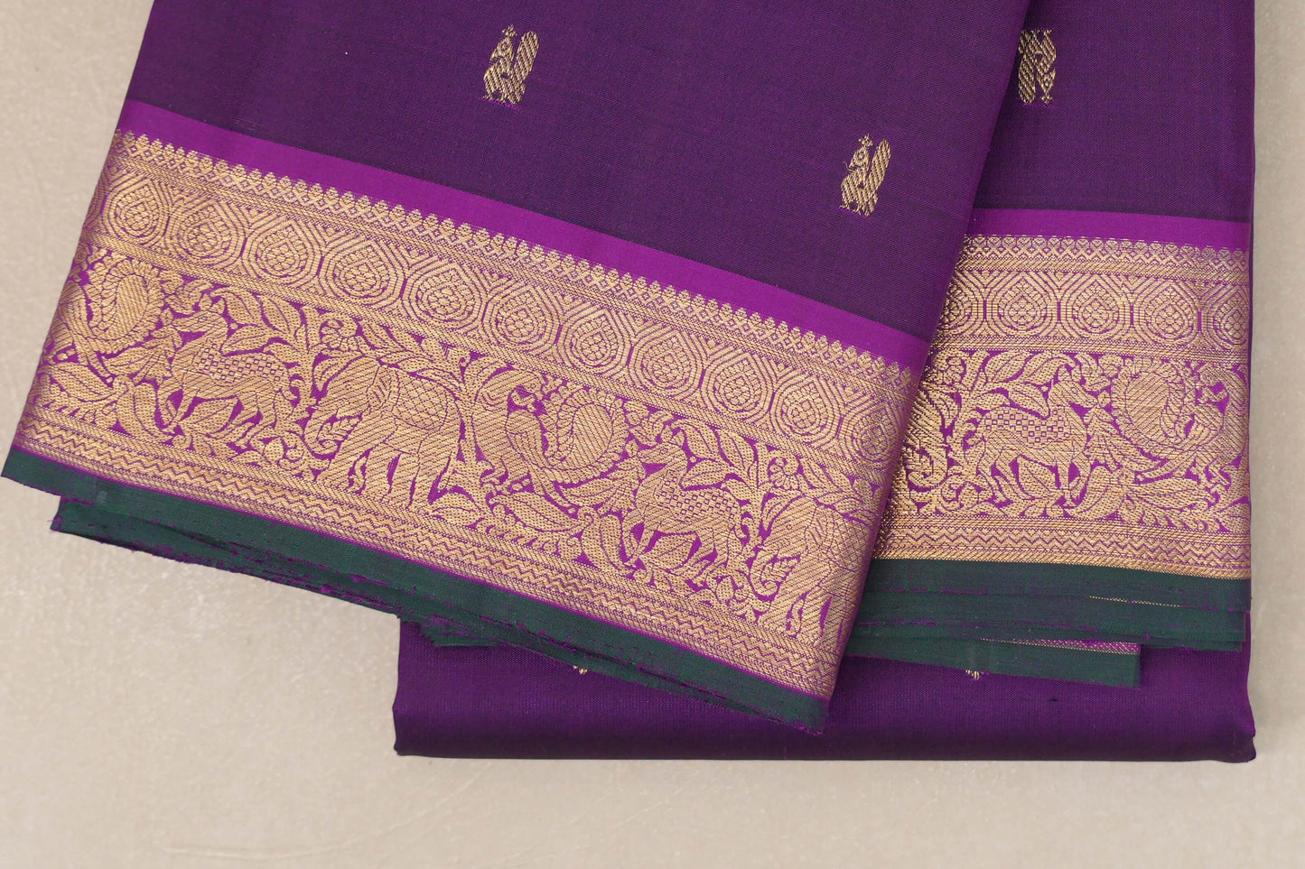 Royal Purple with Dark Green Selvedge Borders Vintage Kanjivaram Silk Saree SS8919