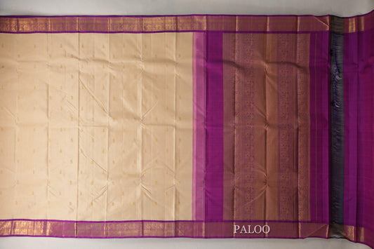 Cream Beige with Dual Tone of Magenta & Blue Borders Vintage Kanjivaram Silk Saree paloo