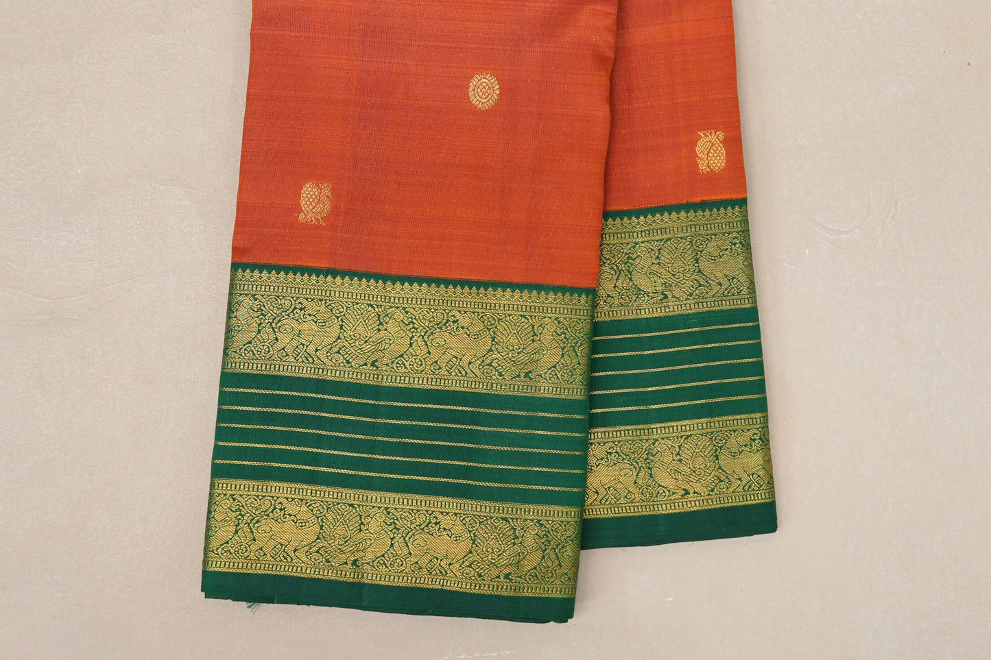 Burnt Orange with Emerald Green Borders Vintage Kanjivaram Silk Saree SS8922