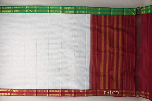 Off White with Reddish Maroon/ Emerald Green Borders Vintage Kanjivaram Silk Saree paloo