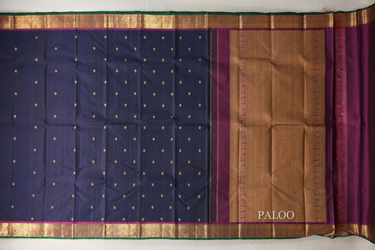 Navy Blue with Magenta Borders and Green Selvedge Vintage Kanjivaram Silk Saree SS8925