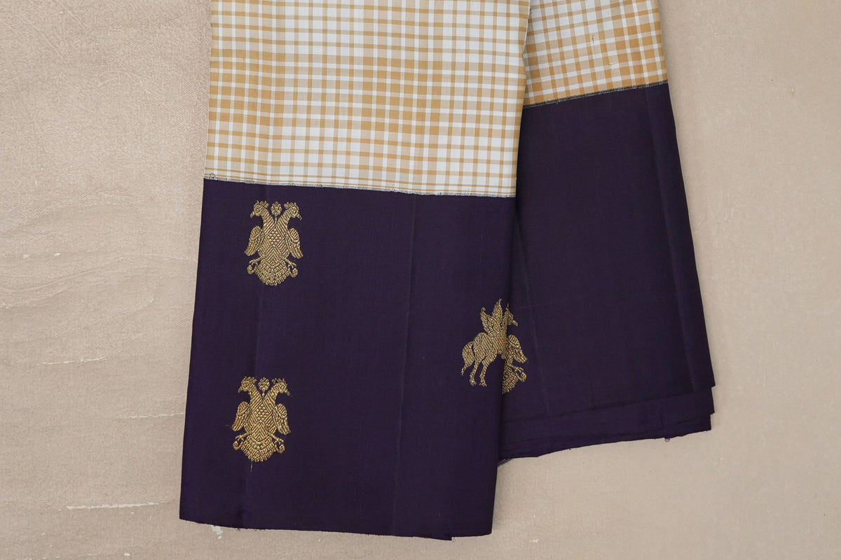 Cream & Warm Olive Green Checks Vintage Kanjivaram Silk Saree border