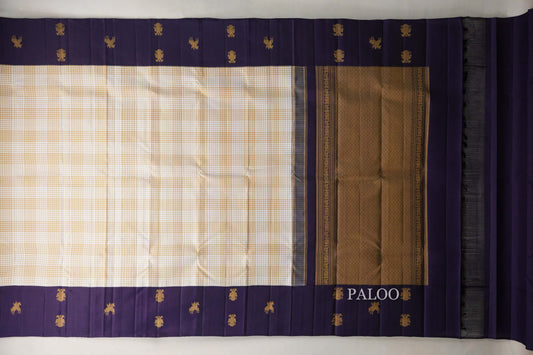 Cream & Warm Olive Green Checks with Deep Purple Borders Vintage Kanjivaram Silk Saree paloo