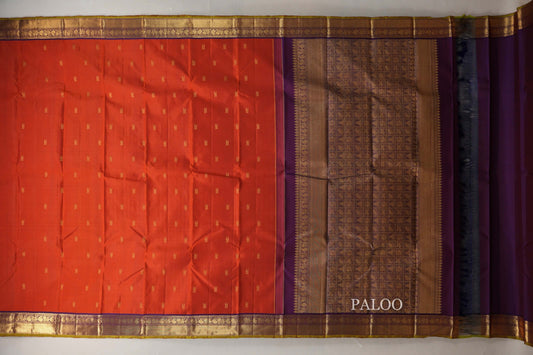 Rust Orange with Royal Purple Borders and Olive Green Selvedge Vintage Kanjivaram Silk Saree SS8926