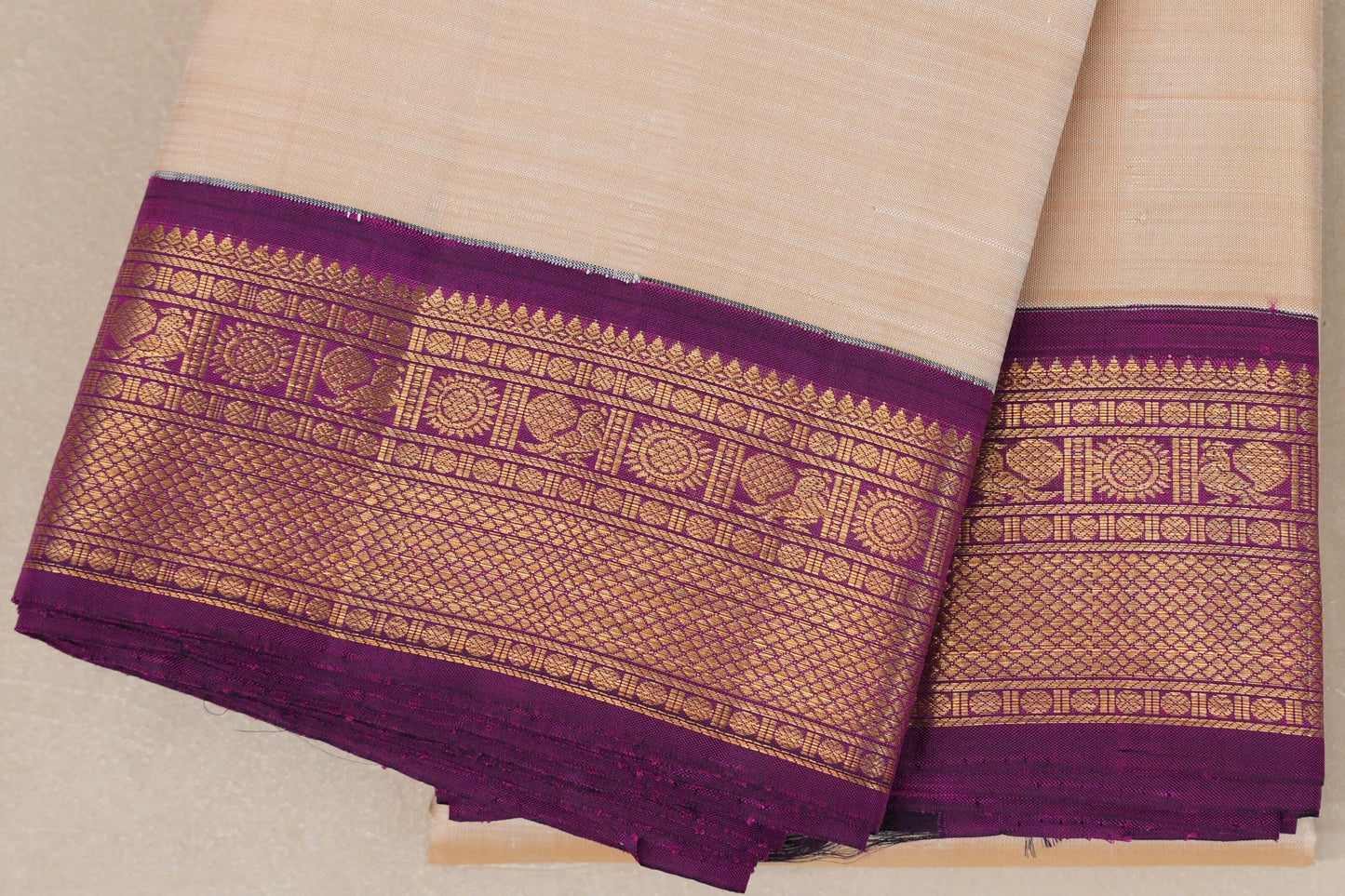 Cream with Deep Violet Borders Vintage Kanjivaram Silk Saree SS8927
