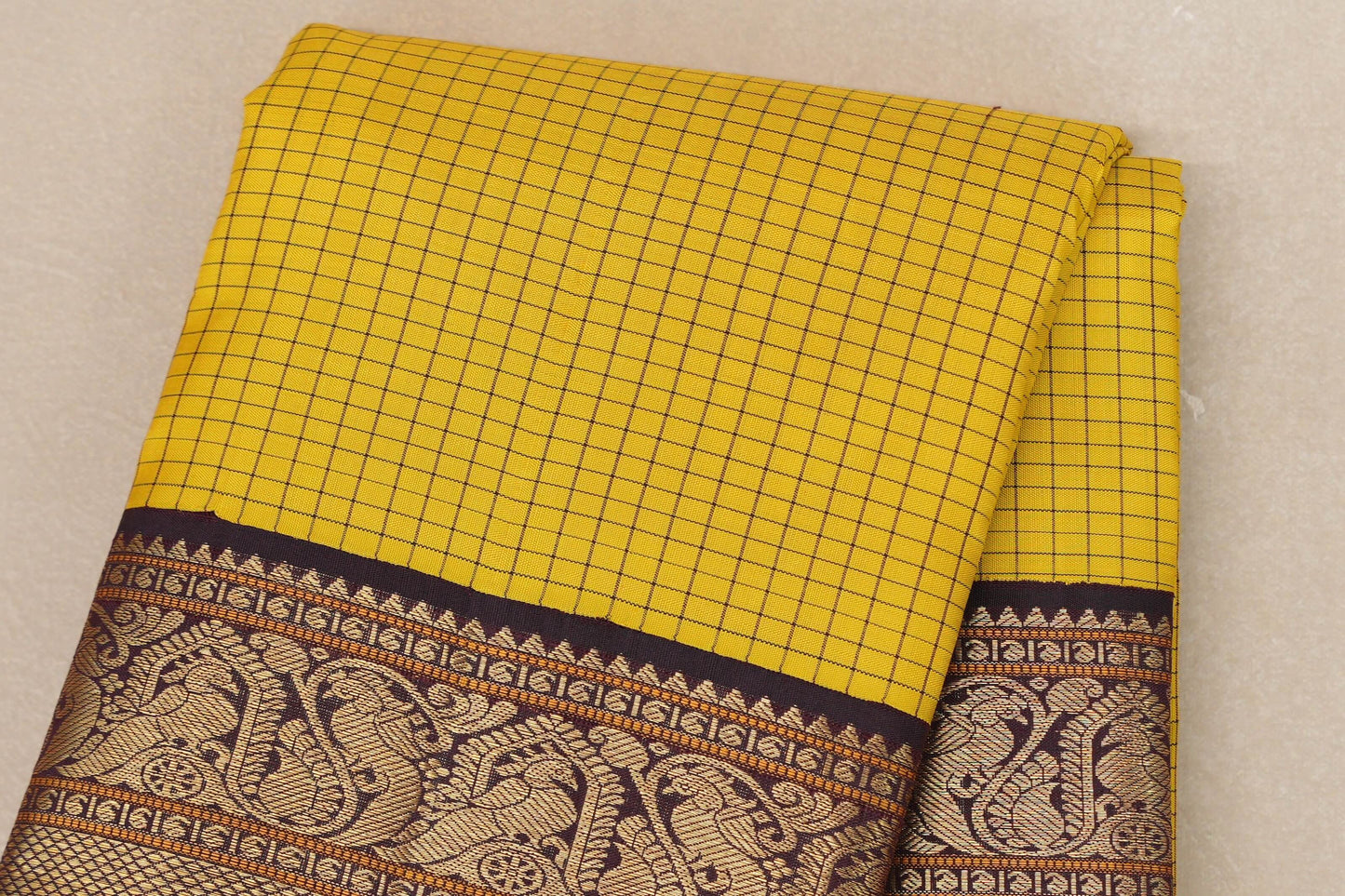 Bright yellow with Deep Plum Brown Vintage Kanjivaram Silk Saree by Shreenivas Silks body