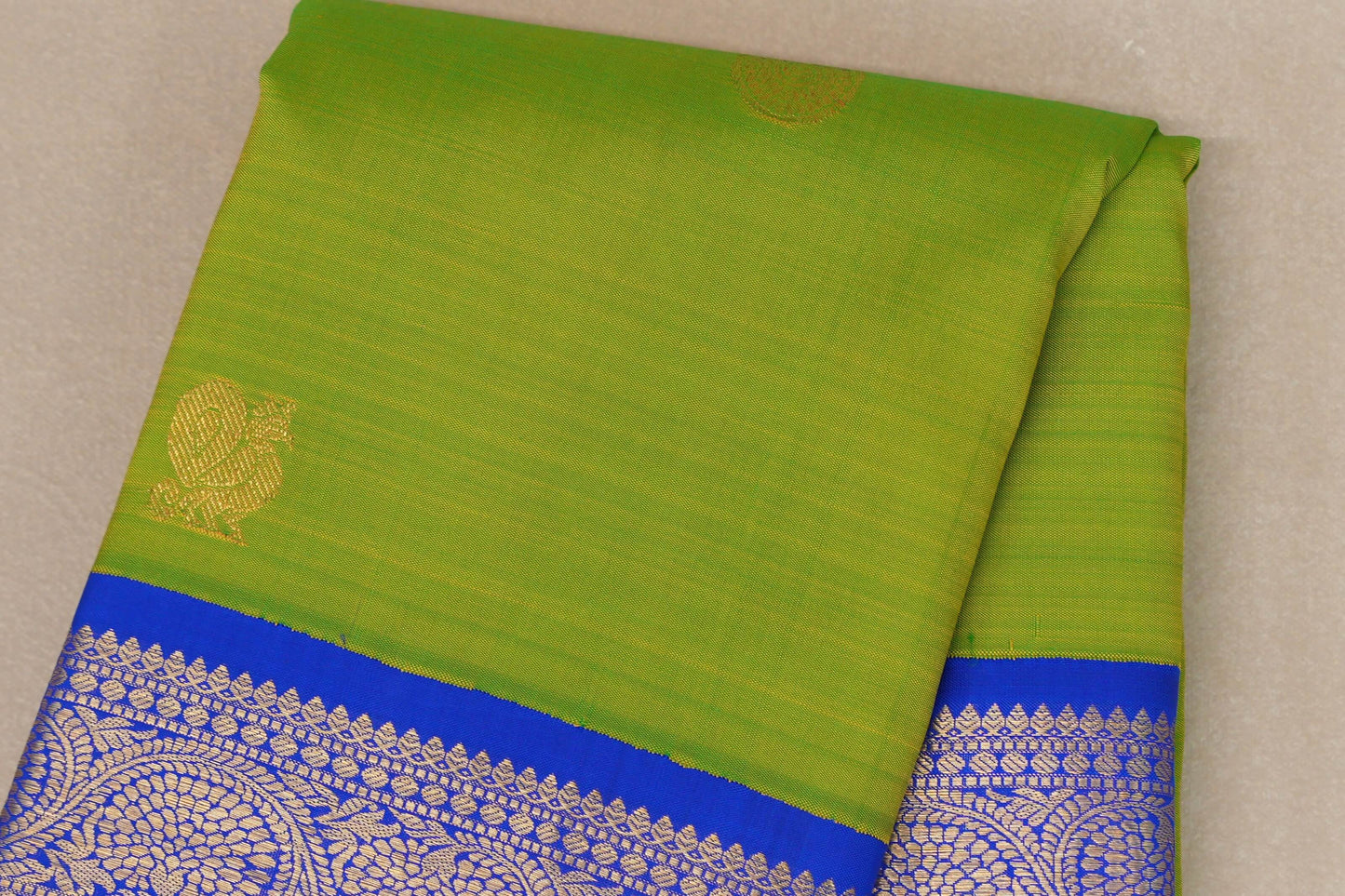 Bright Parrot Green with royal blue Vintage Kanjivaram Silk Saree by Shreenivas Silks body