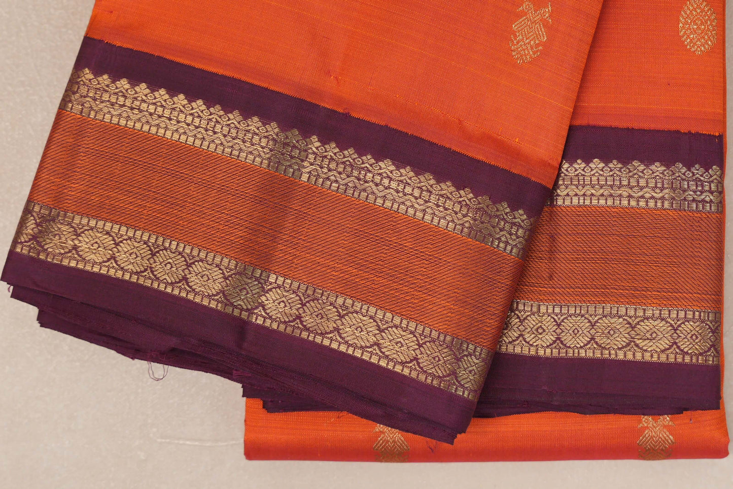 Orange with Deep Magenta Borders Heirloom Kanjivaram Silk Saree border zoom