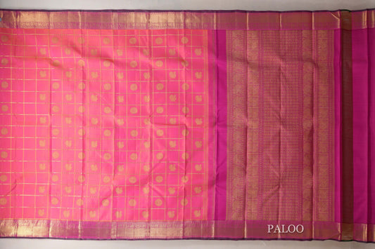 Orangish Pink Heirloom Kanjivaram Silk Saree paloo