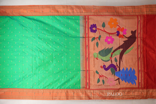 Bright Green Paithani Inspired Soft Silk Saree paloo