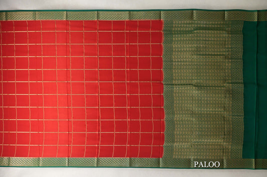 Tomato Red with Deep Emerald Green Borders Mysore Silk Saree paloo