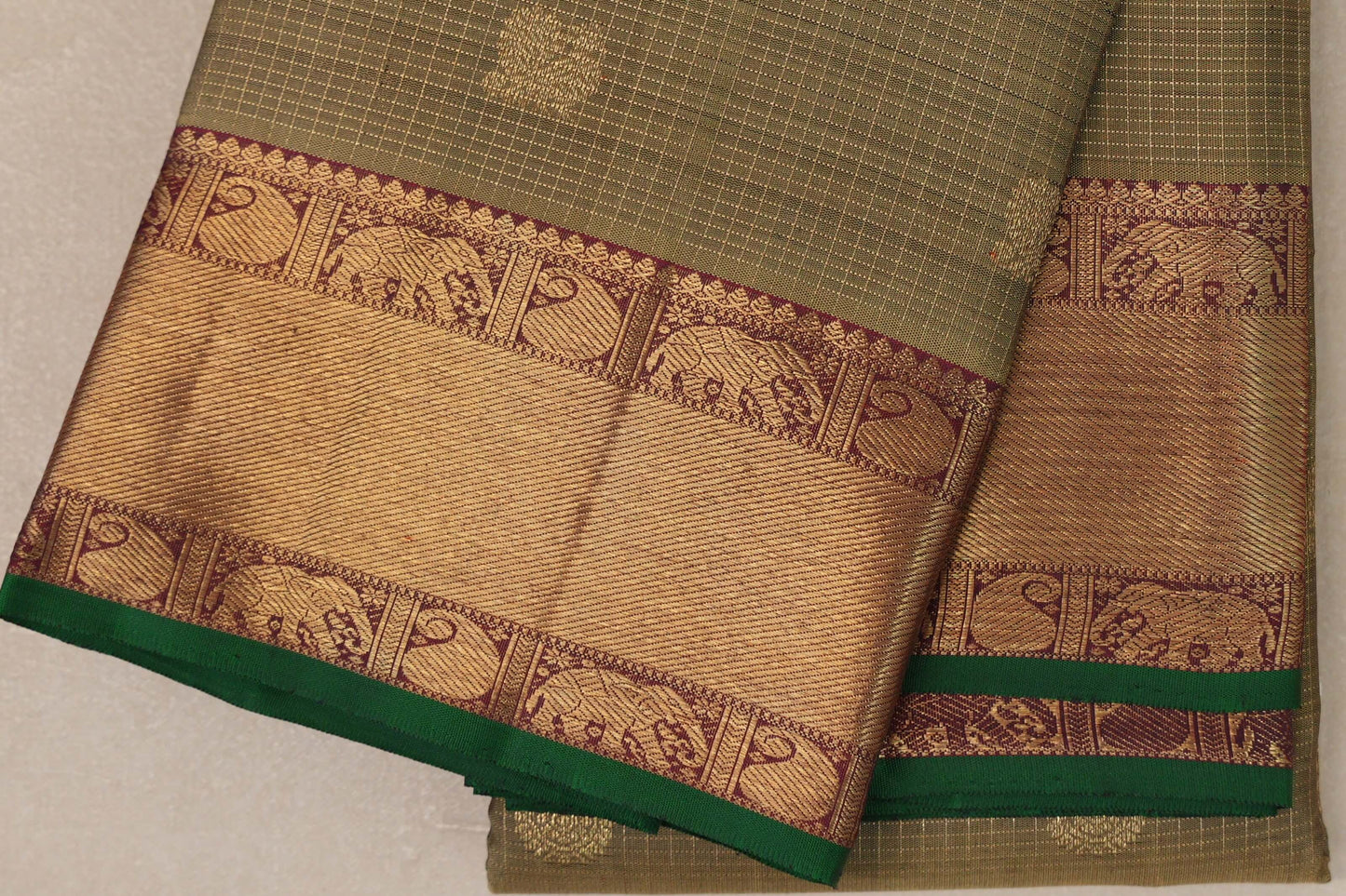 Olive Green with Deep Maroon Borders and Green Selvedge Vintage Heirloom Kanjivaram Silk Saree SS9035