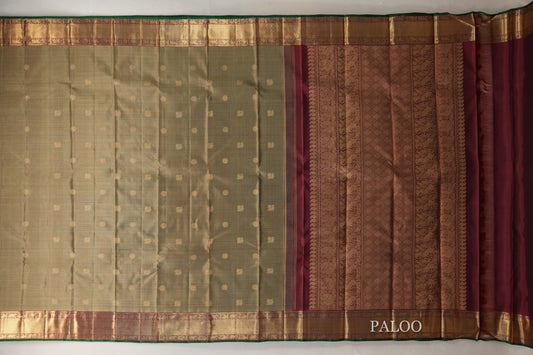Olive Green with Deep Maroon Borders and Green Selvedge Vintage Heirloom Kanjivaram Silk Saree SS9035