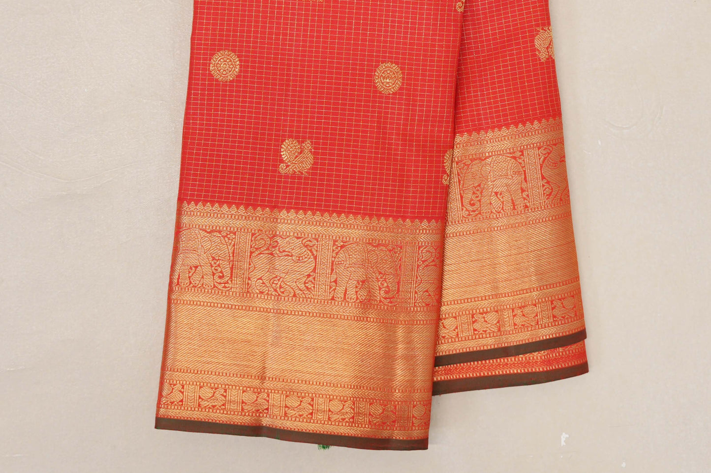 Bright Red Vintage Heirloom Kanjivaram Silk Saree border zoom