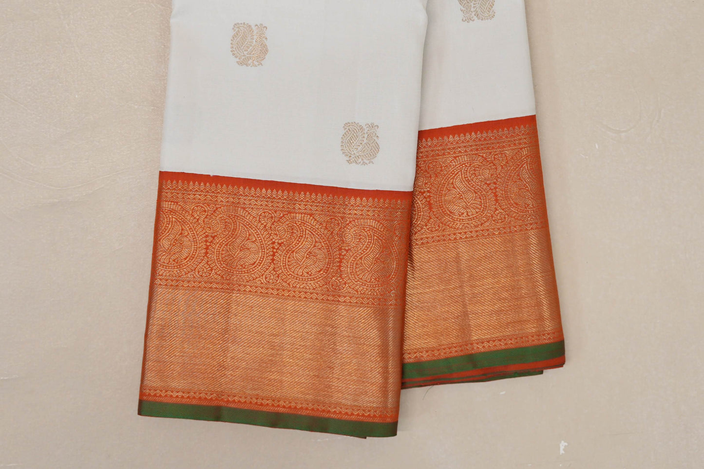 Off White with Bright Orange Borders and Leaf Green Selvedge Vintage Heirloom Kanjivaram Silk Saree SS9038
