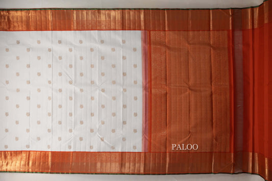 Off White with Bright Orange Borders and Leaf Green Selvedge Vintage Heirloom Kanjivaram Silk Saree SS9038