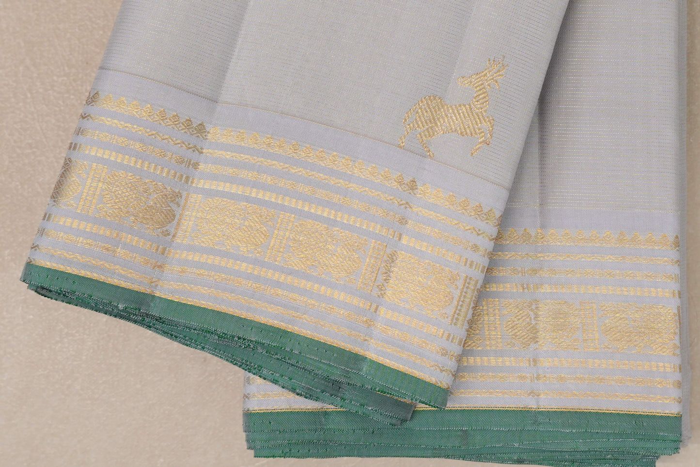 Pearl Grey with Light Green Selvedge Vintage Kanjivaram Silk Saree SS9039