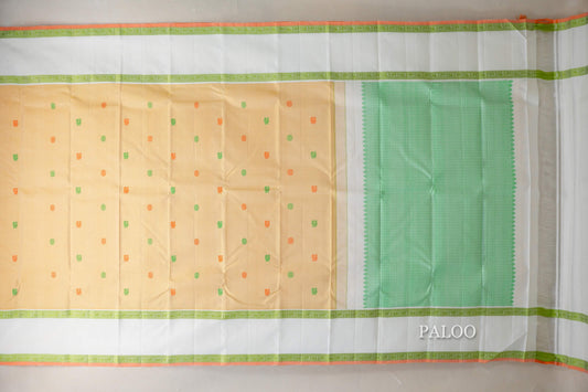 Pastel Yellow with White Borders and Peach Orange Selvedge Vintage Kanjivaram Silk Saree SS9040
