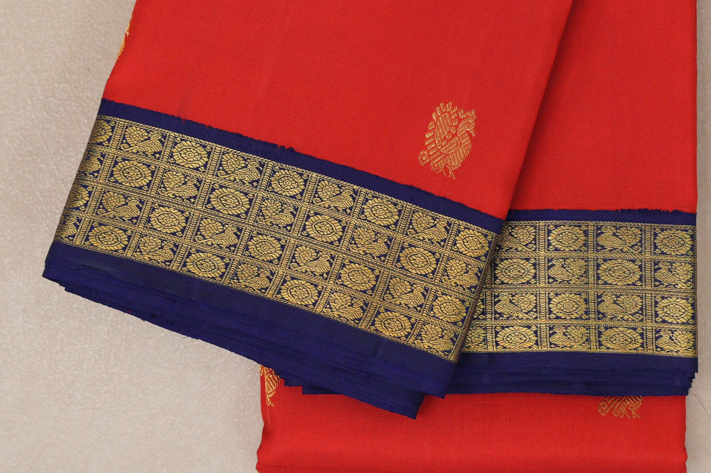 Bright Red with Deep Blue Borders Vintage Kanjivaram Silk Saree SS9048