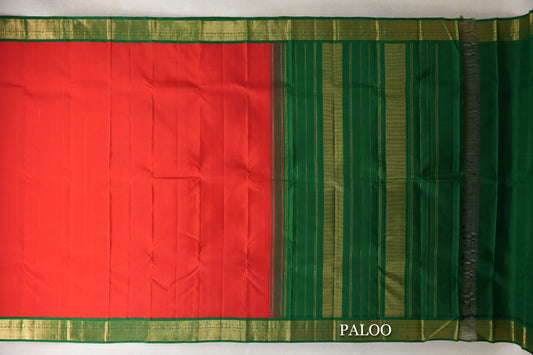 Red with Bottle Green Borders Plant Based Kanjivaram Silk Saree paloo