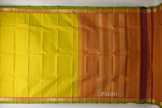 Lemon Green with Dual Tone Red and Mustard Borders and Leaf Green Selvedge Vintage Kanjivaram Silk Saree SS8858
