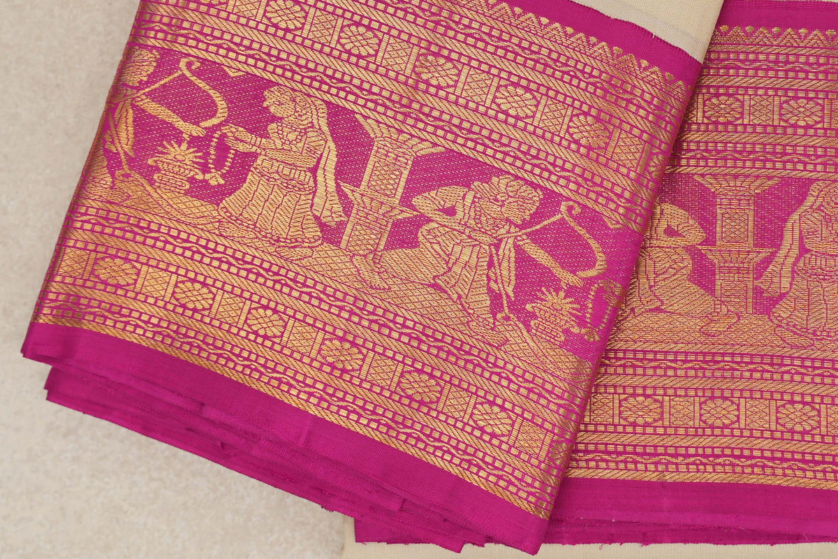Beige with Pink Borders Vintage Kanjivaram Silk Saree SS10163