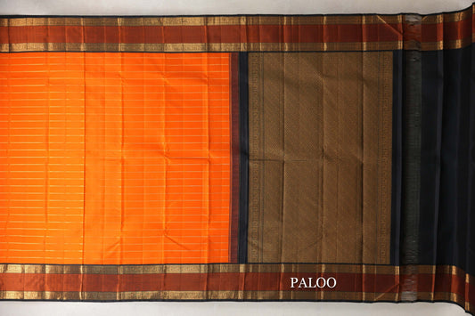 Orange with Black with Orange Thread Weave Borders Vintage Kanjivaram Silk Saree paloo