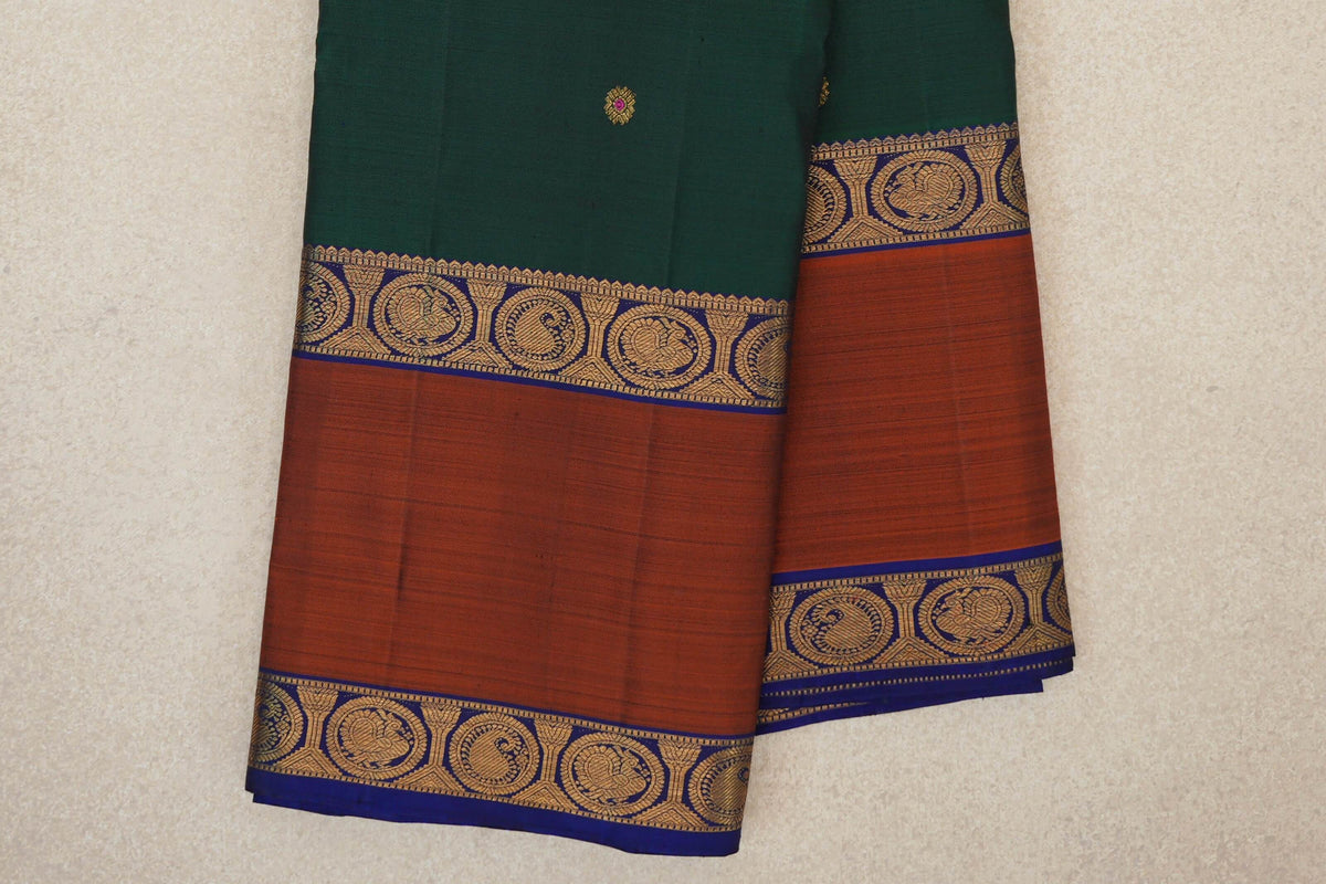 Bottle Green with Deep Blue/Rust Rettai Pettu Borders Vintage Kanjivaram Silk Saree SS10172