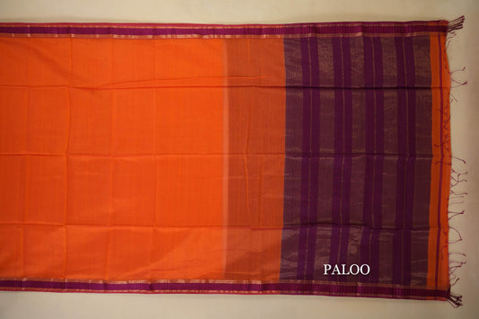 orange maheshwari silk cotton saree paloo