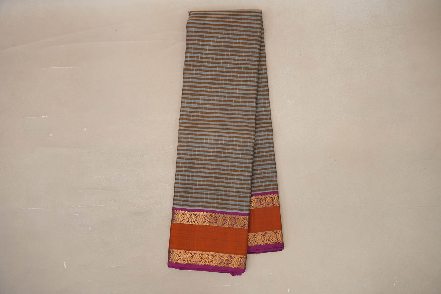 Silver Grey with Warm Olive Stripes Vintage Kanjivaram Silk Saree SS9053