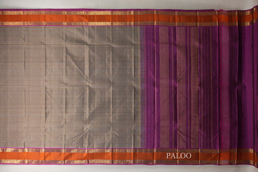 Silver Grey with Warm Olive Stripes Vintage Kanjivaram Silk Saree SS9053