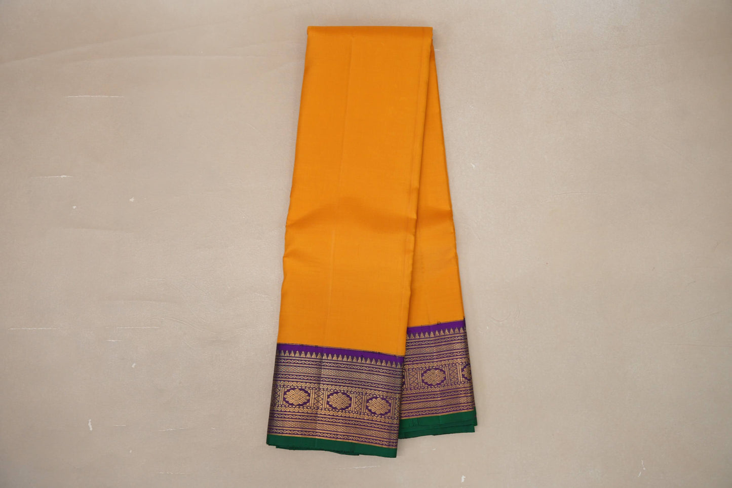 Mango yellow with Royal Purple Leaf Green Selvedge Vintage Kanjivaram Silk Saree SS9056