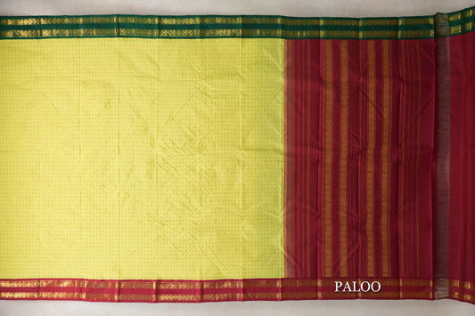 Bright Lemon Yellow with Green/Maroon Borders Vintage Kanjivaram Silk Saree paloo