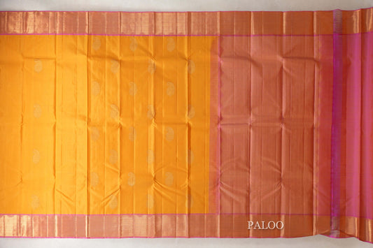 Mango Yellow with Dual Tone of Pink and Yellow Borders Vintage Kanjivaram Silk Saree paloo