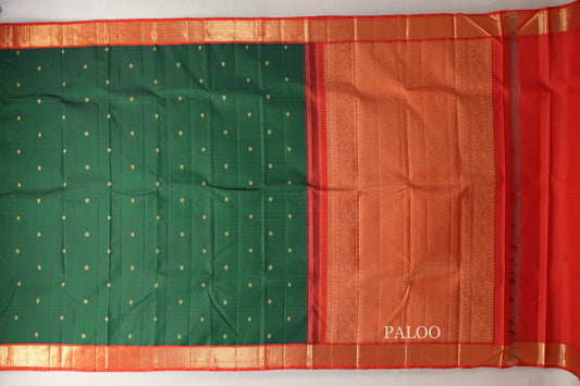 Bottle Green with Orangish Red Borders Vintage Kanjivaram Silk Saree SS9069